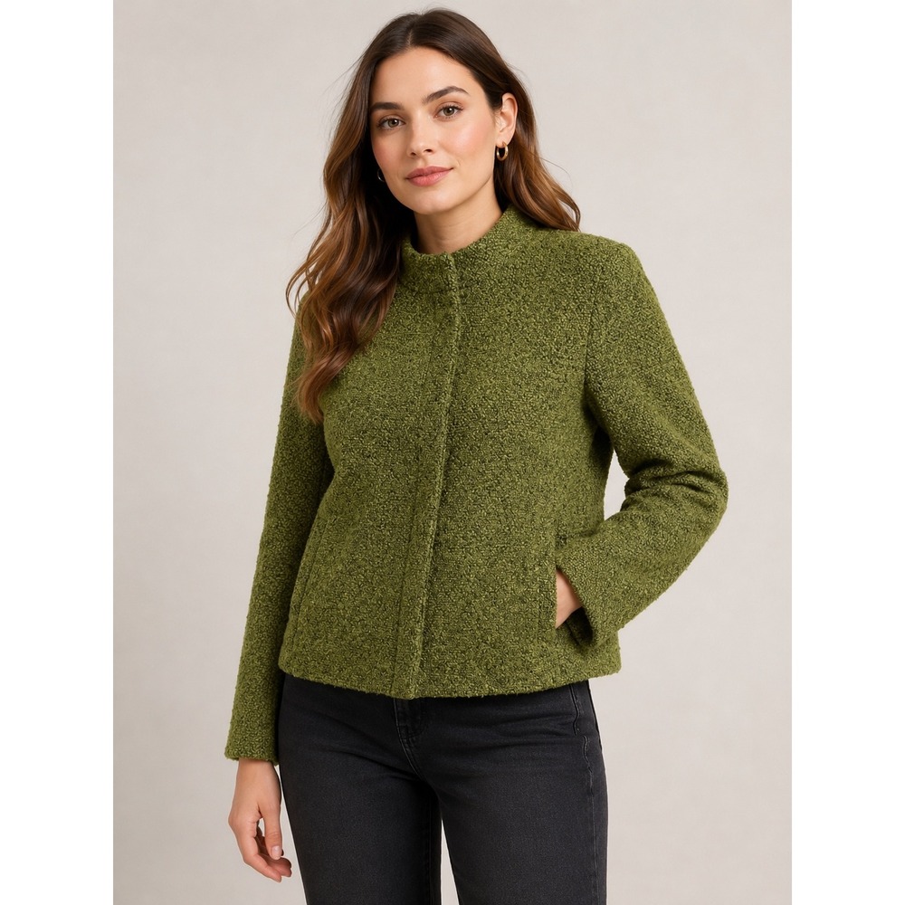 Jones New York Blazer Women 10P Green Tweed Wool Blend Mock Neck Hidden Button
